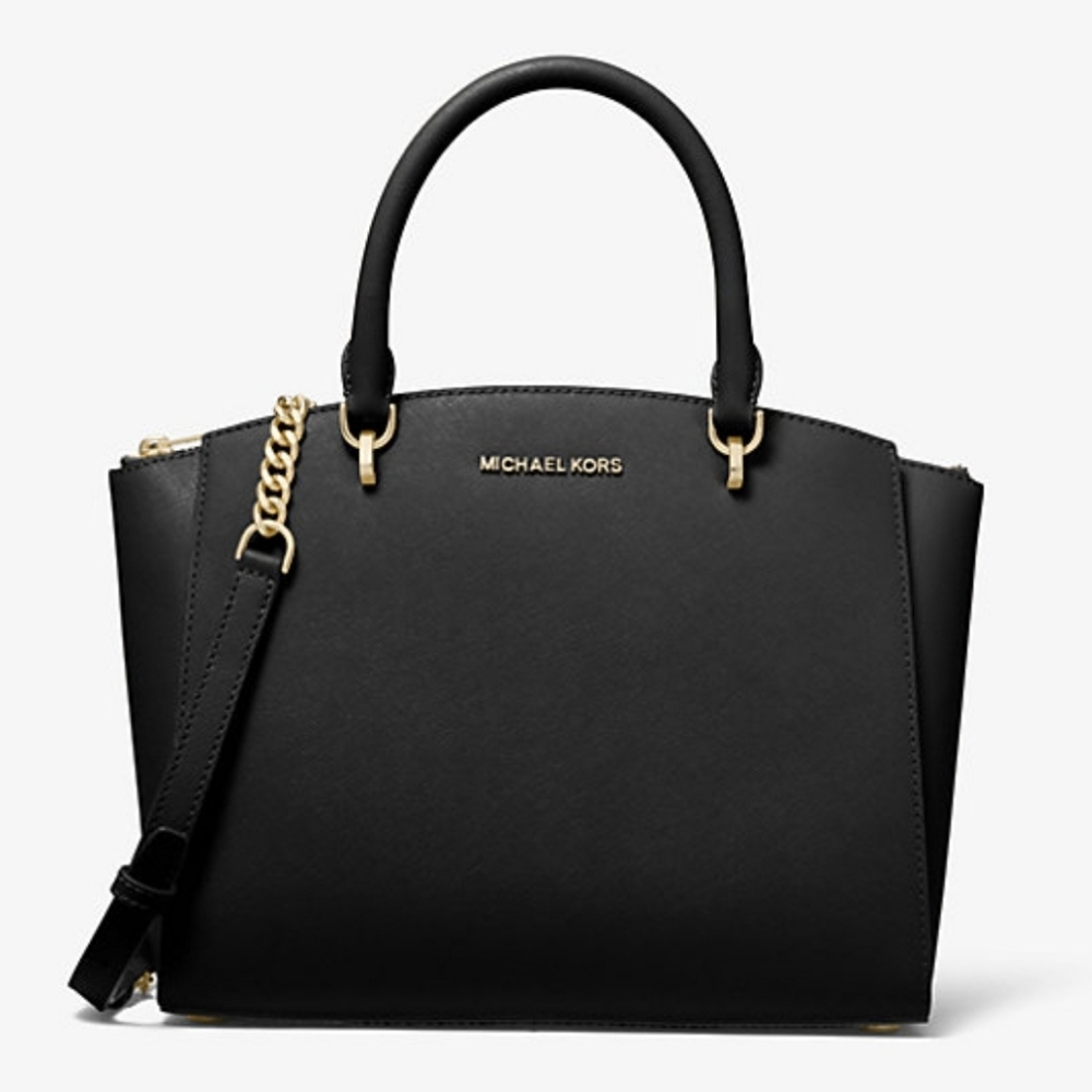 Michael Kors Ellis Black‎ Safianno Leather Satchel Gold Hardware ☆